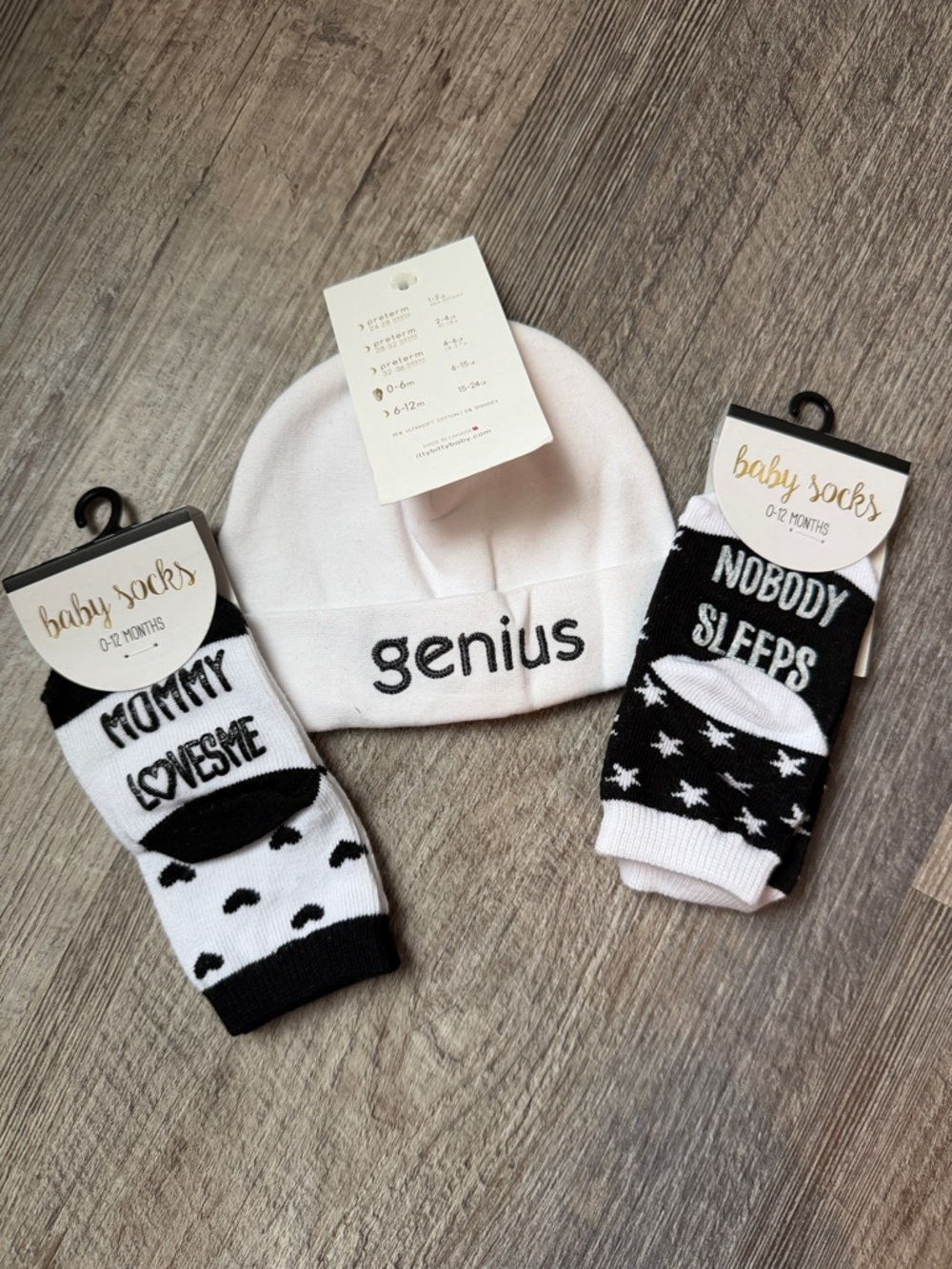 Genius White Baby Beanie with Black & White Sock Set